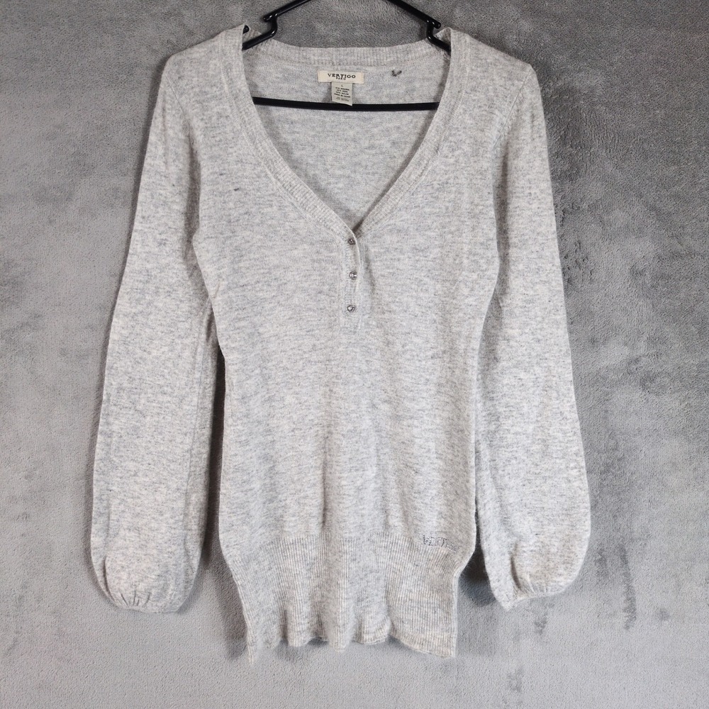 Vertigo Paris Womens Angora Wool Blend Henley Sweater Grey V-Neck Large